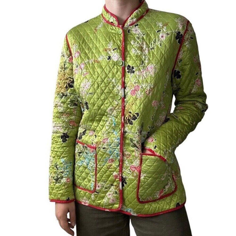 Vintage Y2K Womens 100% Silk Green Japanese Floral Chore Quilted Jacket Sz L